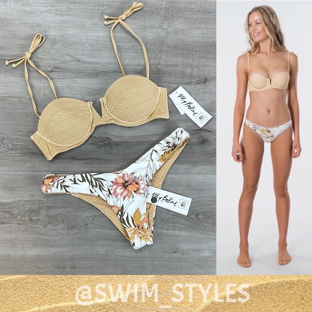 Rip Curl Yellow Gingham Bikini Top with Floral Reversible Bottom